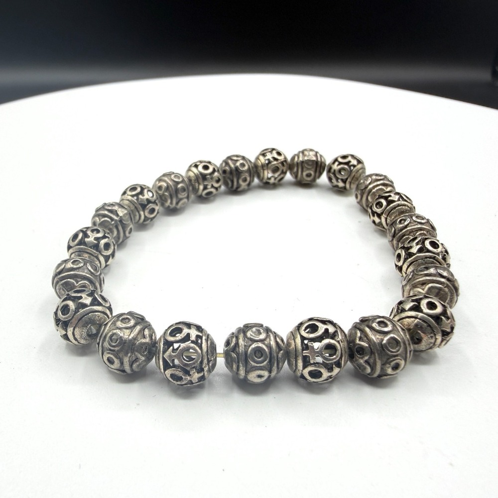 Silver Tone Ornate Beaded Stretch Bracelet Boho Statement Stackable Gift Fashion